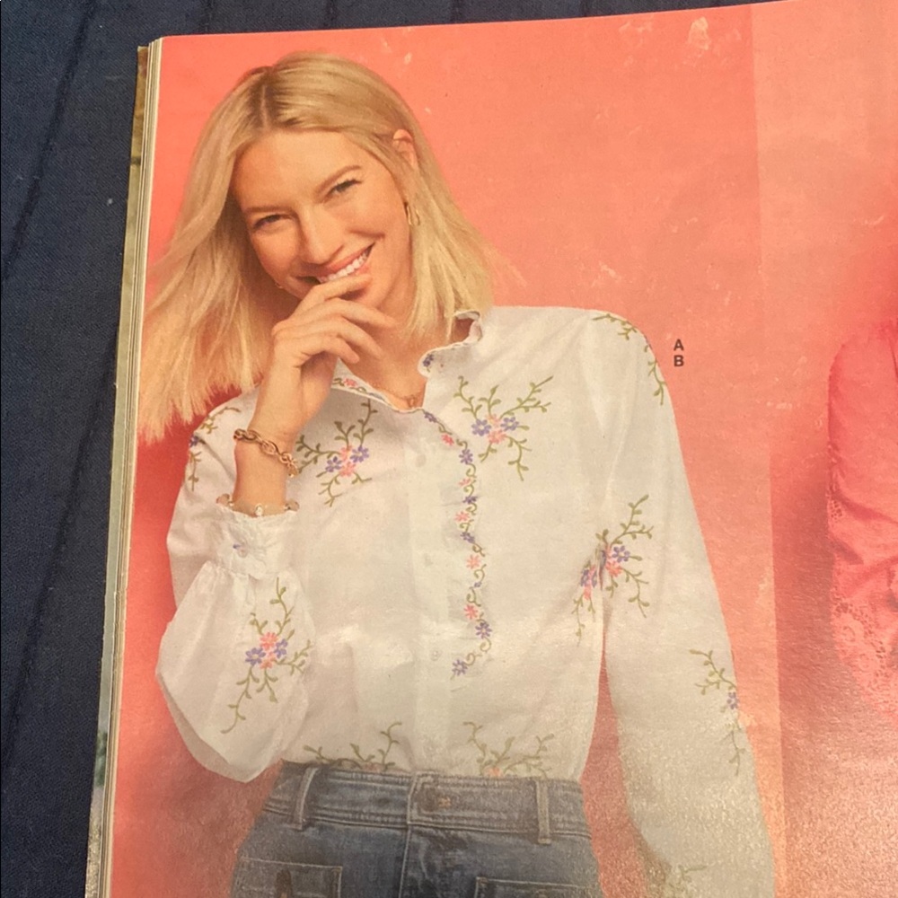Talbots White and Pink Long Sleeve Blouse with Mandarin Collar